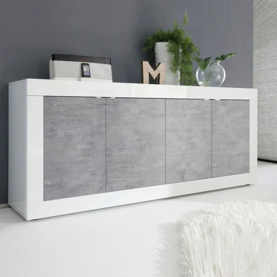Madia linea Basic con 4 ante in finitura Bianco laccato lucido e Beton
