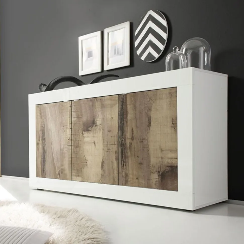 Madia linea Basic con 3 ante in finitura Bianco lucido e Pero