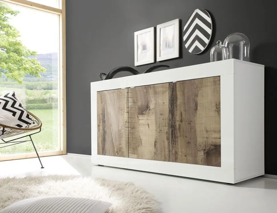 Madia linea Basic con 3 ante in finitura Bianco lucido e Pero