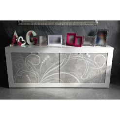 Madia linea Basic con 4 ante linea fancy in finitura Bianco laccato lucido e Beton con grafica floreale