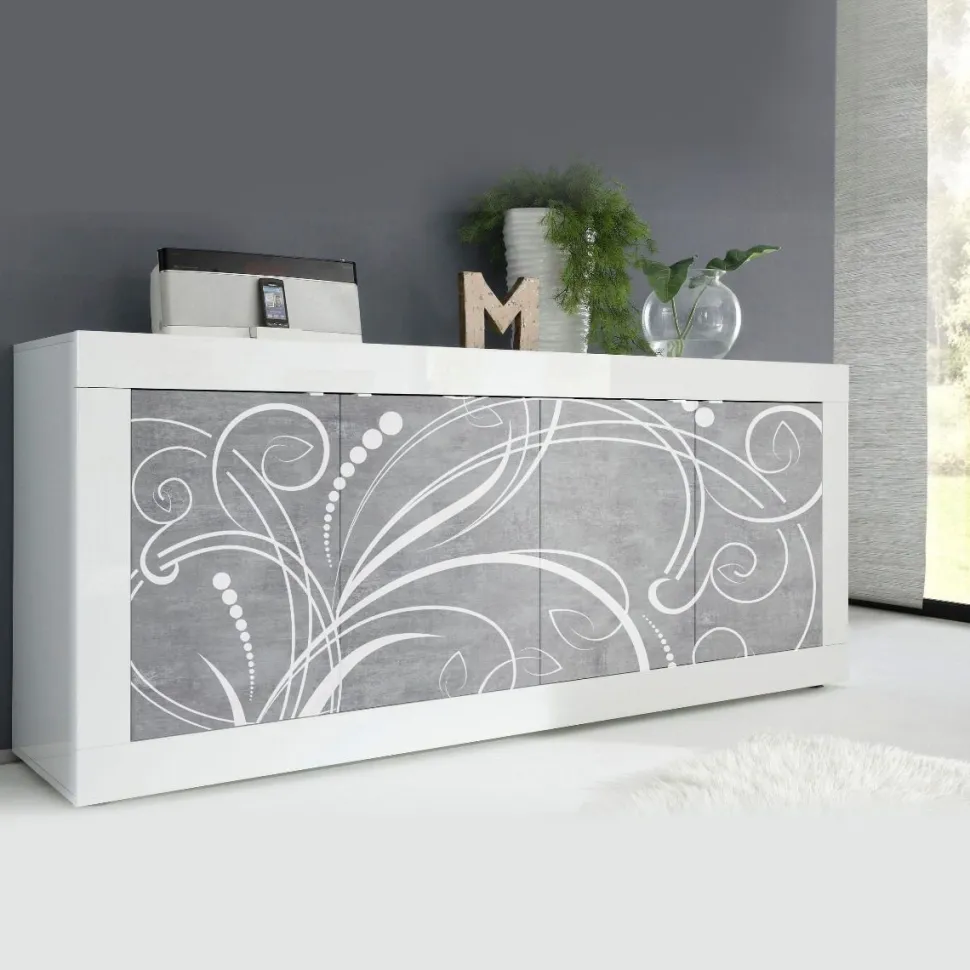 Madia linea Basic con 4 ante linea fancy in finitura Bianco laccato lucido e Beton con grafica floreale