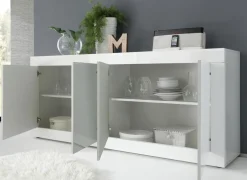 Madia linea Basic con 4 ante linea fancy in finitura Bianco laccato lucido e Beton con grafica floreale
