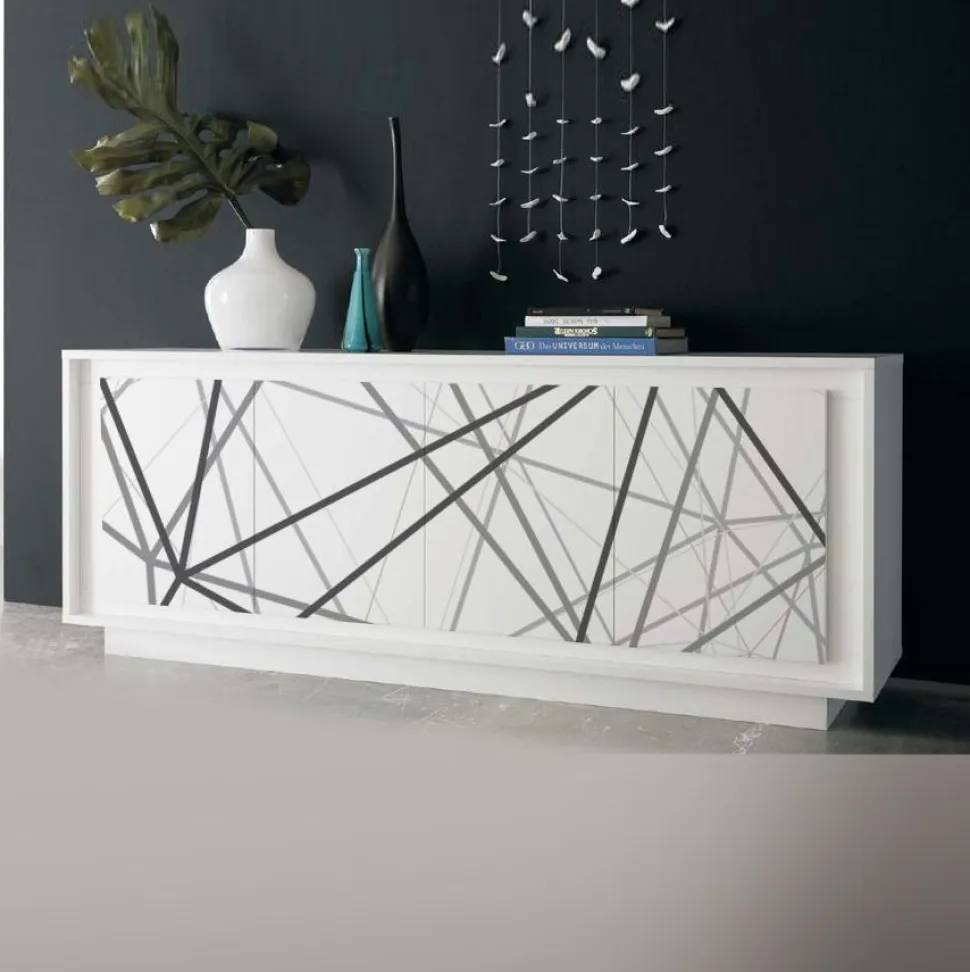 Madia linea Pure 4 ante in finitura Bianco laccato opaco con righe