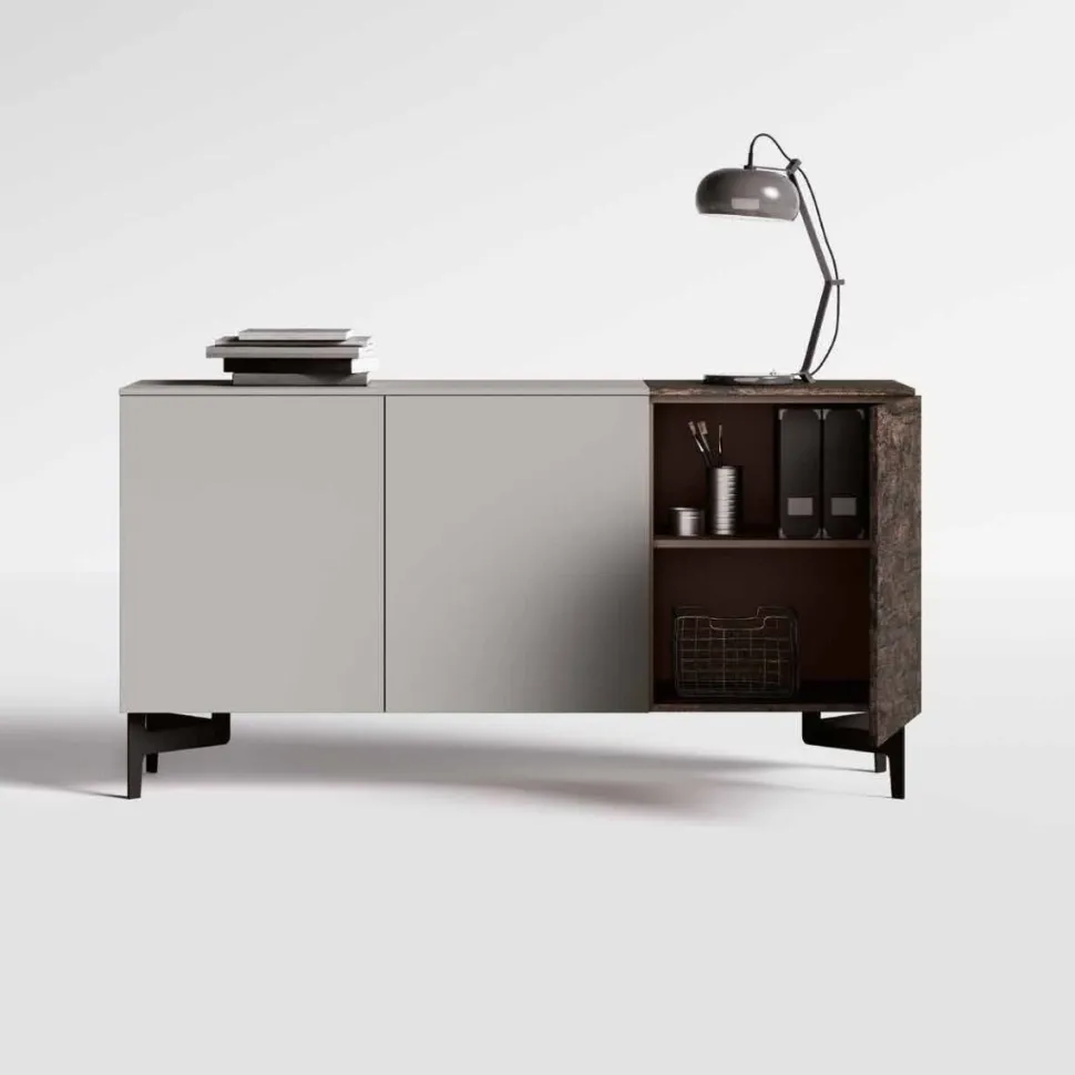 Madia moderna 3 ante Bianco Opaco e Rovere con piedini in metallo verniciato disponibile in vari colori