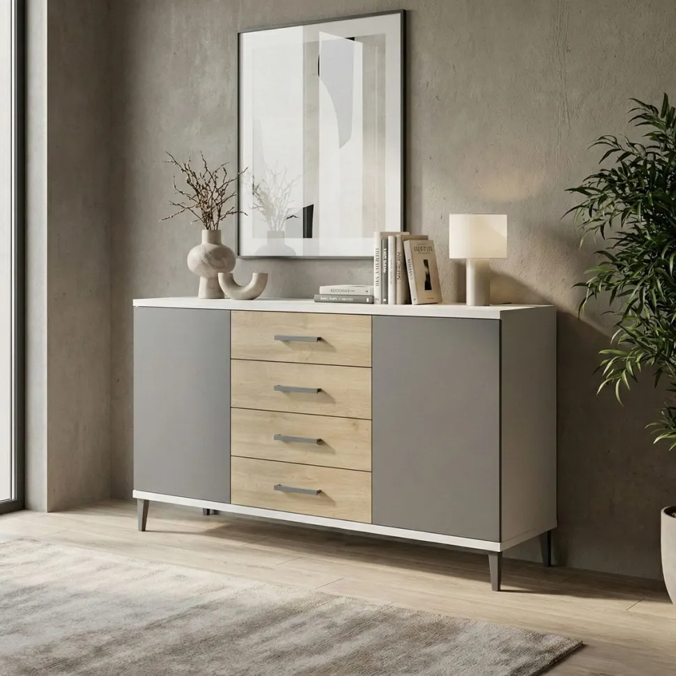 Madia moderna 2 ante 4 cassetti centrali Cloe con piedini 15 colorazioni