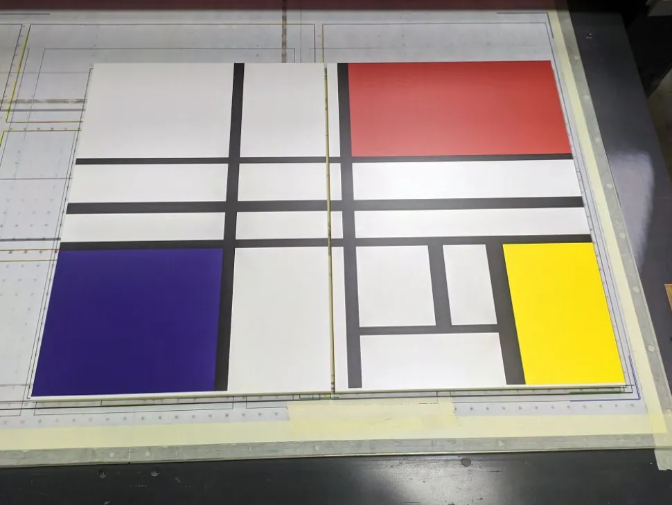 Madia moderna 2 ante Cloe Bianco Opaco con piedini 15 colorazioni con serigrafia "Piet Mondrian"