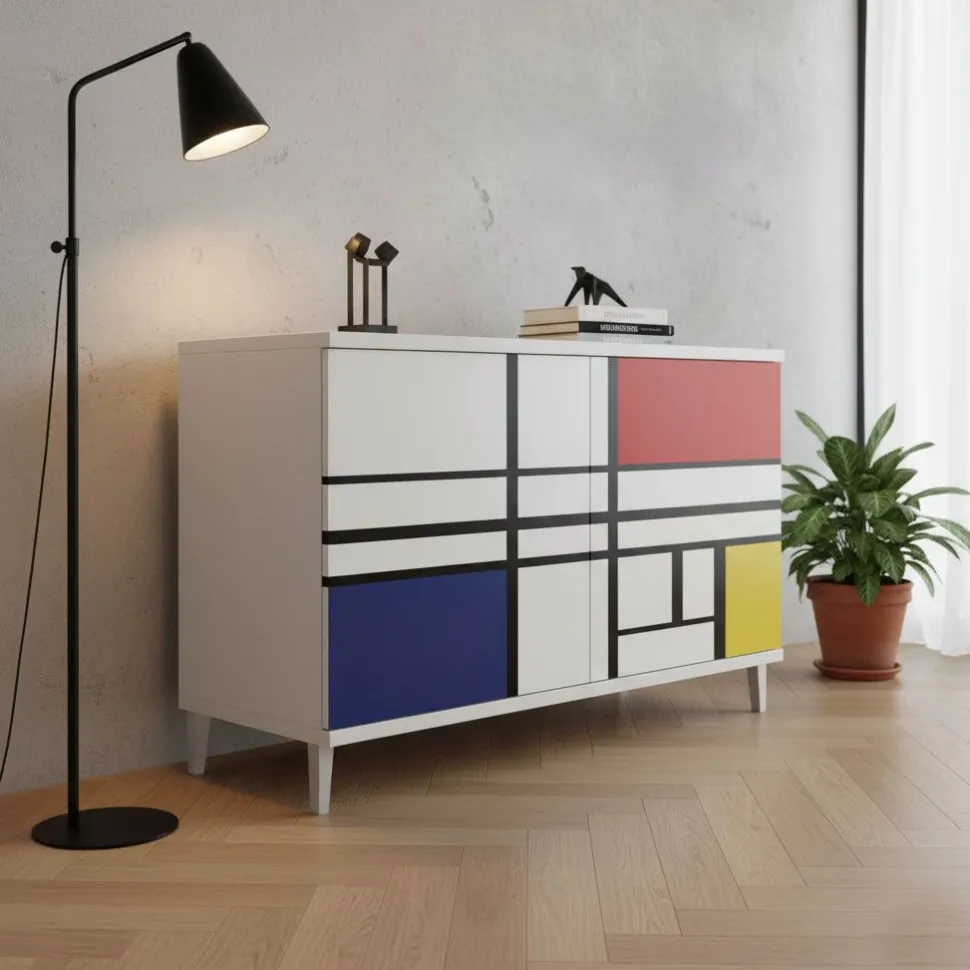 Madia moderna 2 ante Cloe Bianco Opaco con piedini 15 colorazioni con serigrafia "Piet Mondrian"