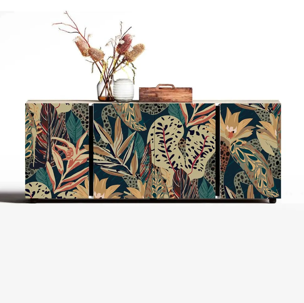 Madia moderna 4 ante con maniglia a gola con grafica floreale