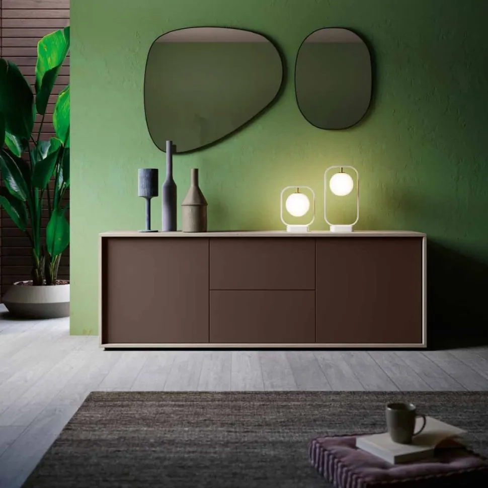 Madia moderna 2 ante e 2 cassetti Olmo e Moka senza maniglie disponibile in vari colori