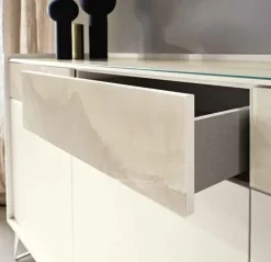 Madia moderna 3 ante e 3 cassetti in vetro con piedini in metallo senza maniglie Personalizzabile