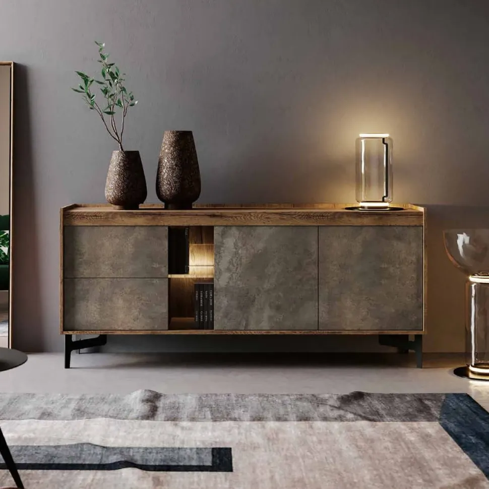Madia moderna 2 ante e 2 cassetti Rovere nordico e Ardesia con top a vassoio disponibile in vari colori
