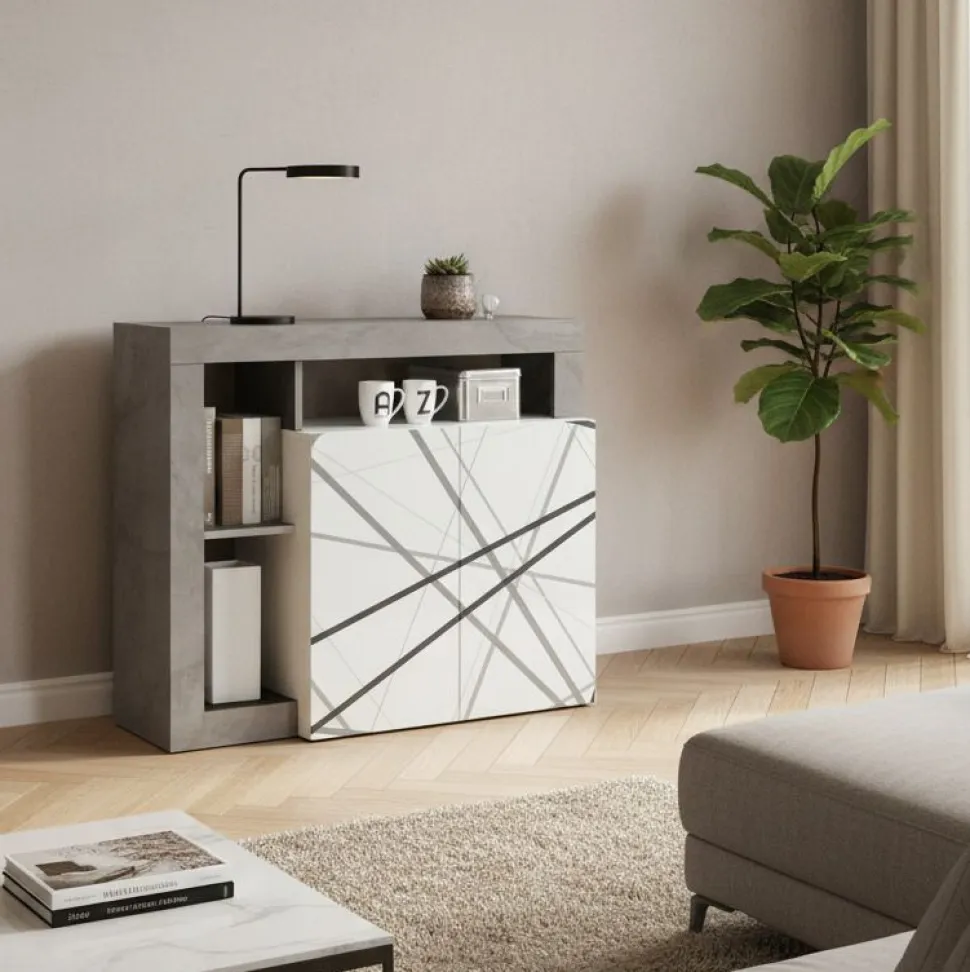 Madia moderna 2 ante linea Frame in Bianco Lucido e Cemento con grafica righe