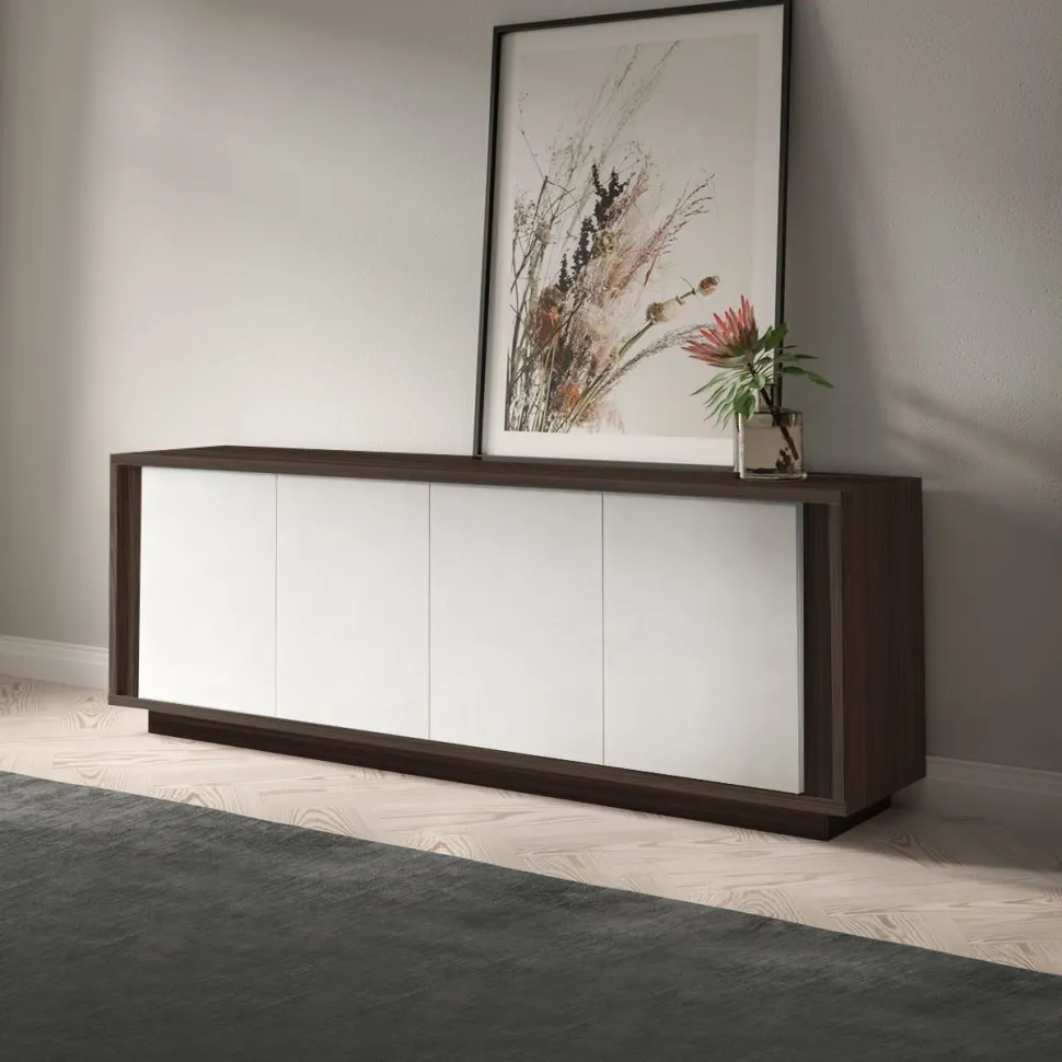 Madia moderna 4 ante teak e ante biache opache modello SKYLINE - colori personalizzabili