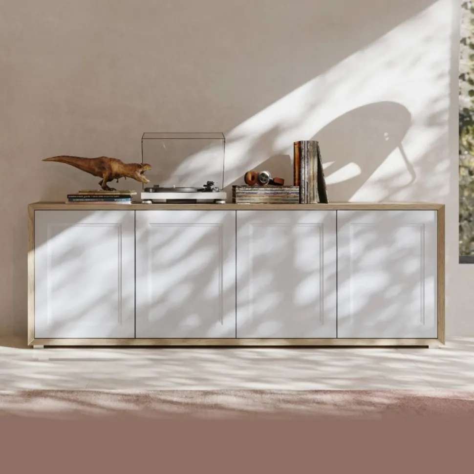 Madia moderna Bianco Opaco e Rovere 4 ante senza maniglia linea Tilt CLASSIC