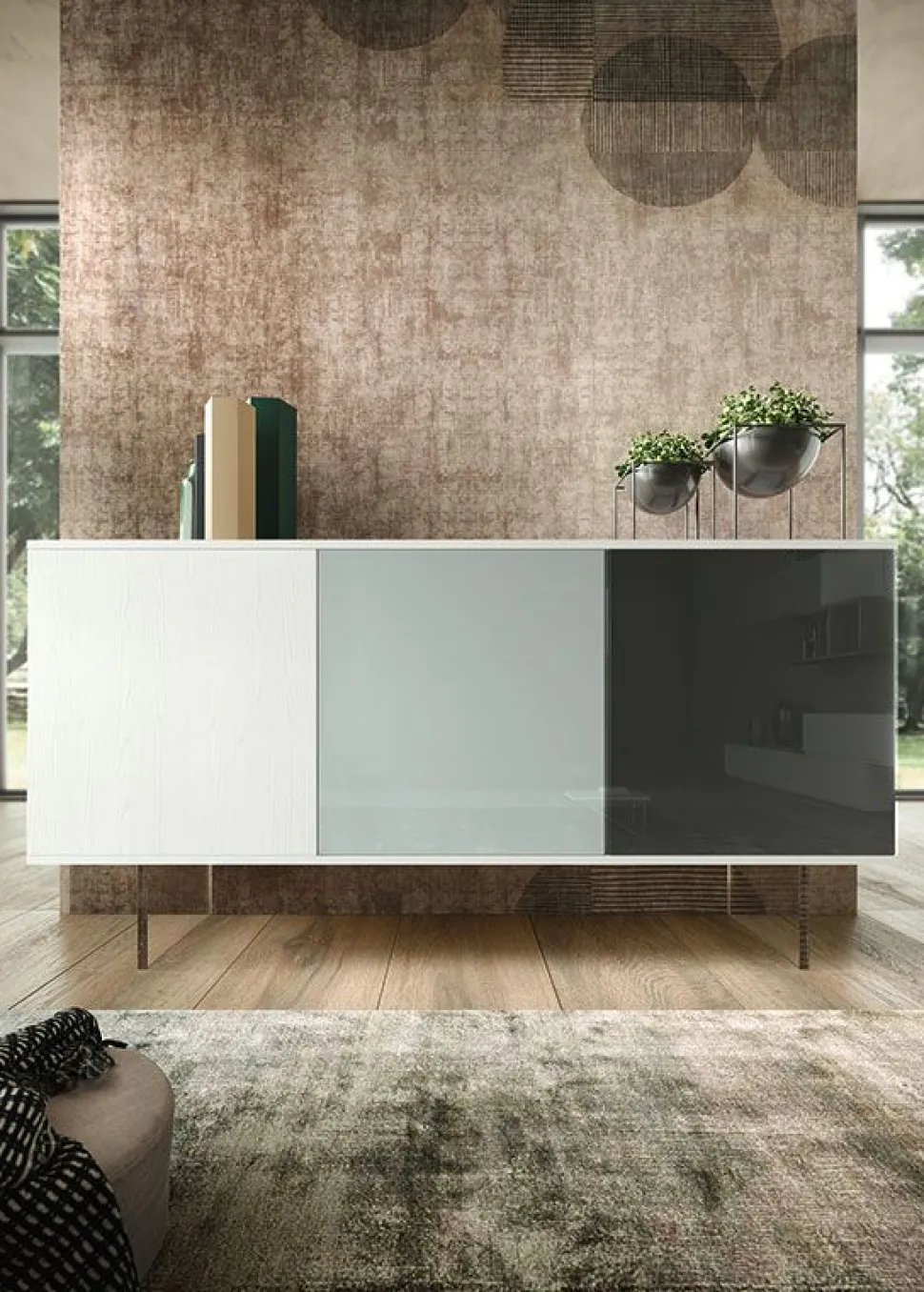 Madia Moderna Giulia - Linea Alba (Colori, Ante in Vetro e Piedini in Plexiglass)