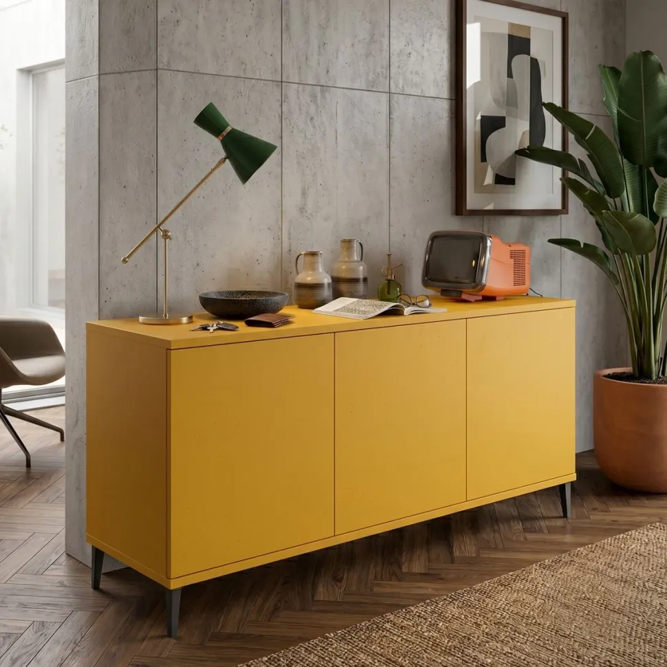 Madia moderna per soggiorno, miele a 3 ante con piedini CLOE in 15 colorazioni