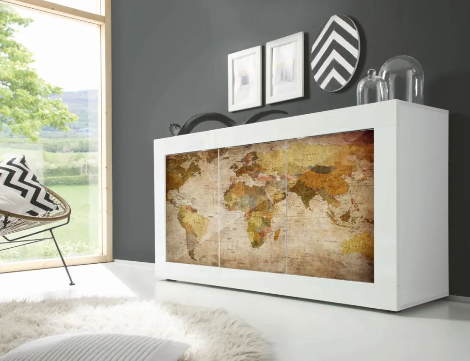 Madia Planisfero Linea Fancy finitura Bianco lucido con Serigrafia
