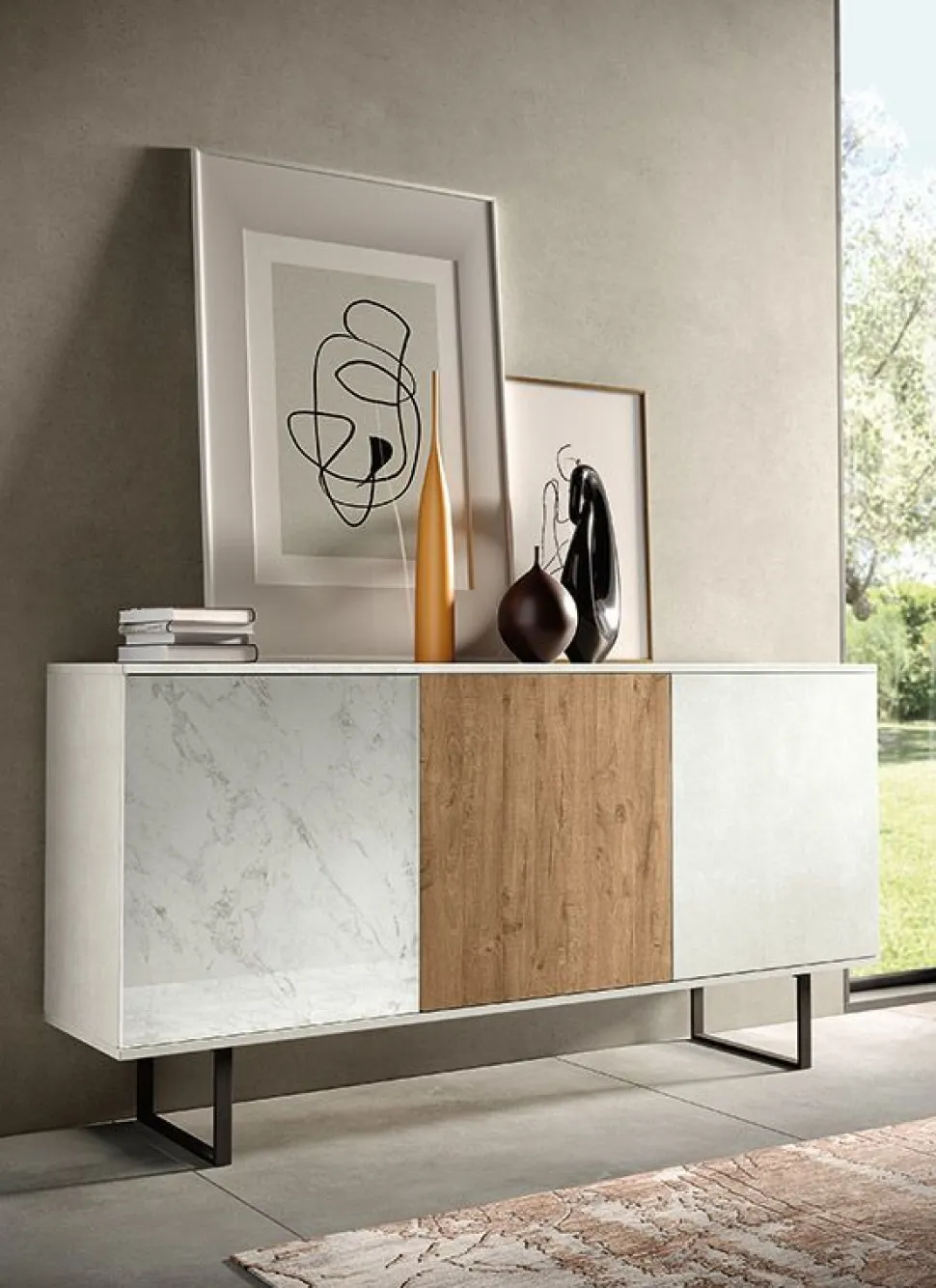 Madia Runa linea Alba in finitura Rovere Nordico ,Bianco Calce e Marmo