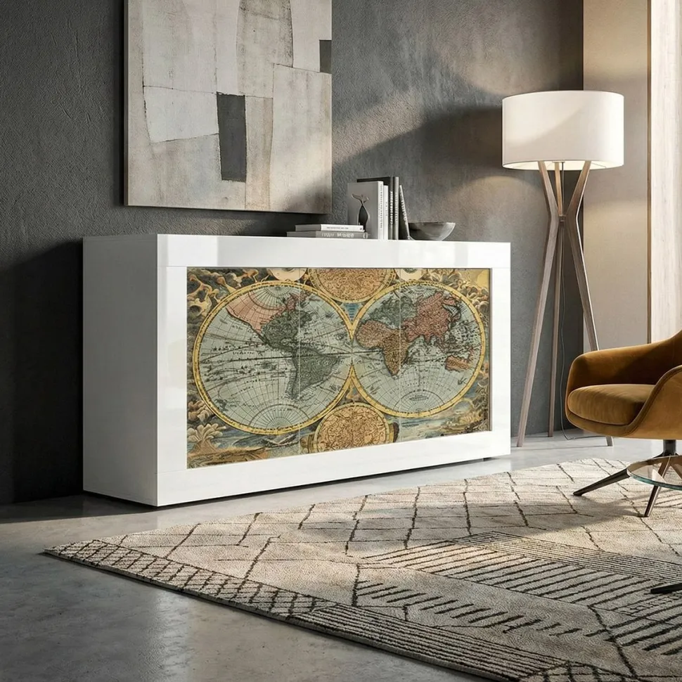Madia Vintage Map Linea Fancy finitura Bianco lucido con Serigrafia
