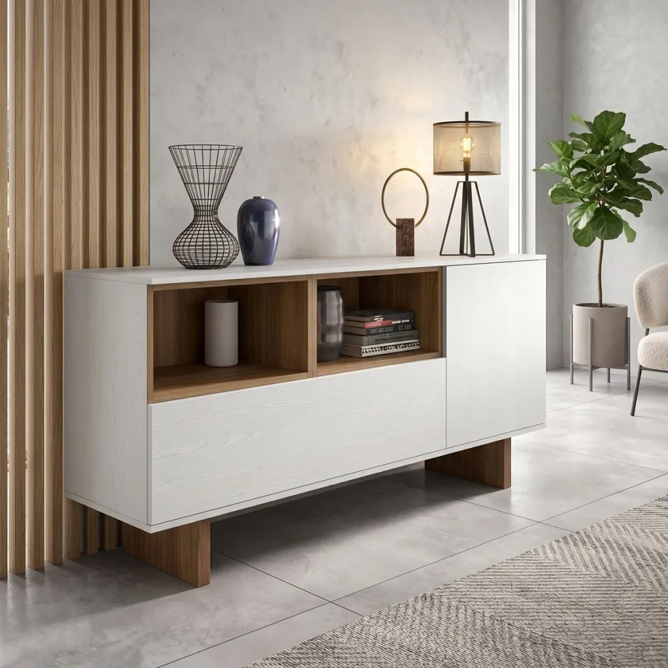Madia Zenit con Ante in Vetro Opzionali personalizzabile - Linea Alba (Bianco Frassino e Quercia)