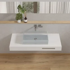 Mensolone Bagno sospeso con foro porta asciugamano in ocritech scatolato e lavabo in vetro