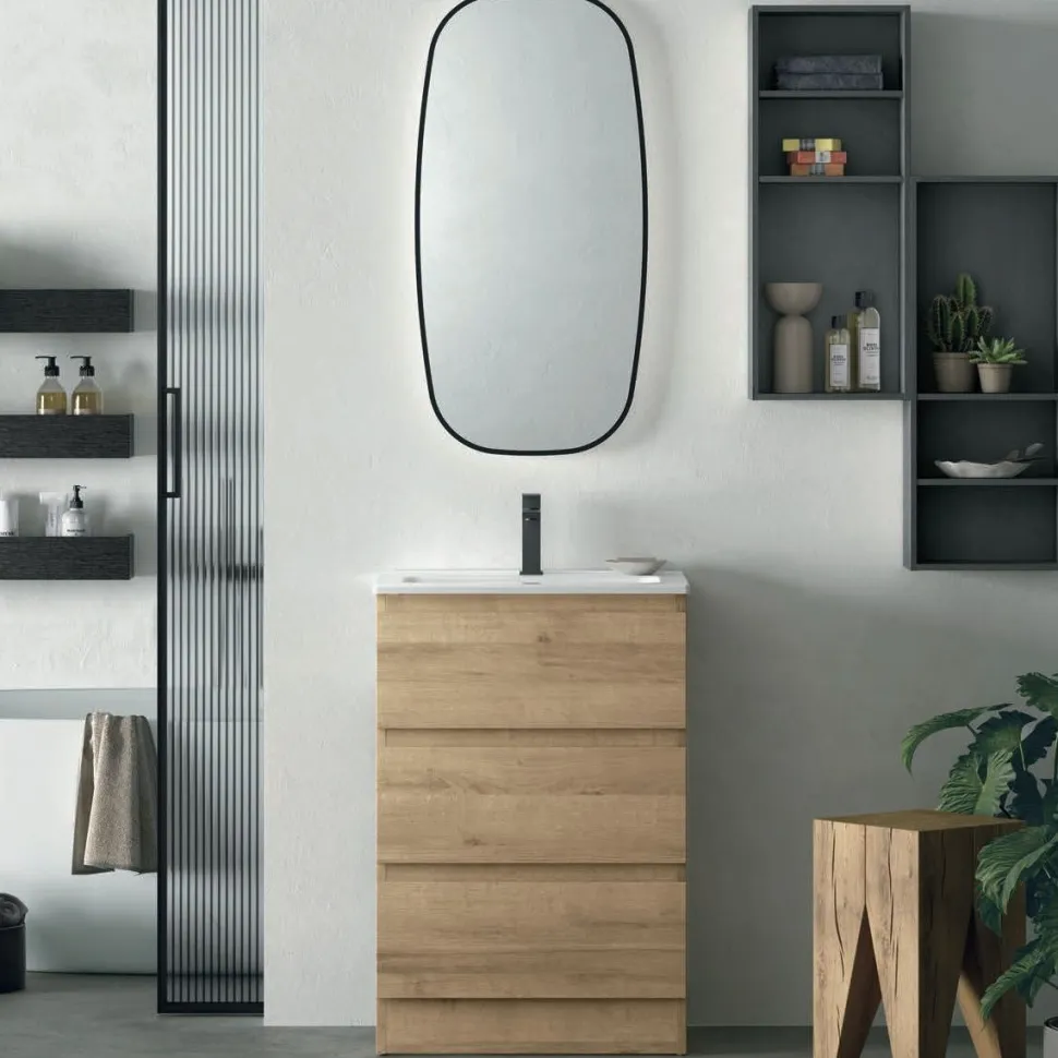 Mobile Bagno a terra 3 cassetti con presa maniglia a 45° e lavabo integrato Allegra disponibile in 4 colori