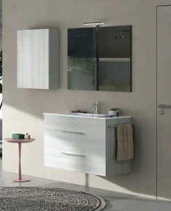 Mobile Bagno 2 cassetti sospesi con maniglie in metallo e lavabo con vasca integrata Smart disponibile in 4 colori