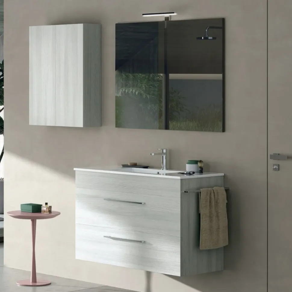 Mobile Bagno 2 cassetti sospesi con maniglie in metallo e lavabo con vasca integrata Smart disponibile in 4 colori