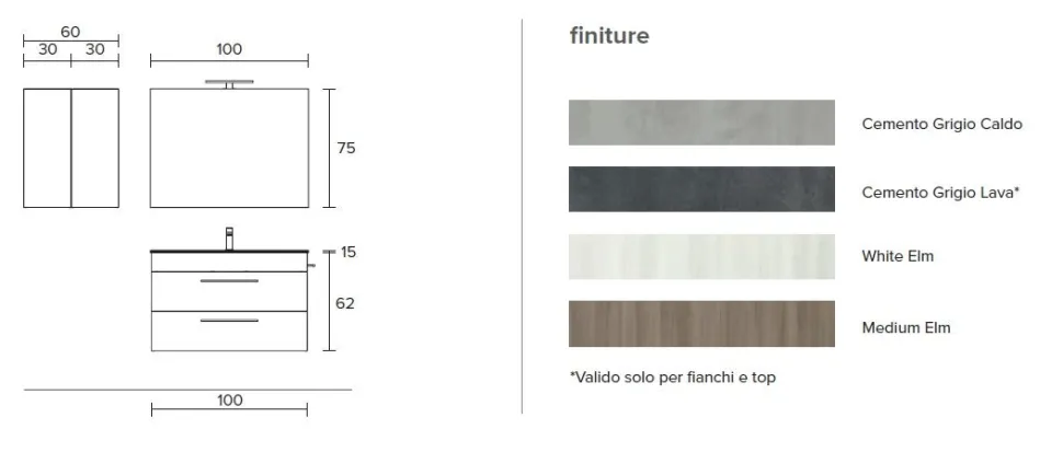 Mobile Bagno 2 cassetti sospesi con maniglie in metallo e lavabo con vasca integrata Smart disponibile in 4 colori