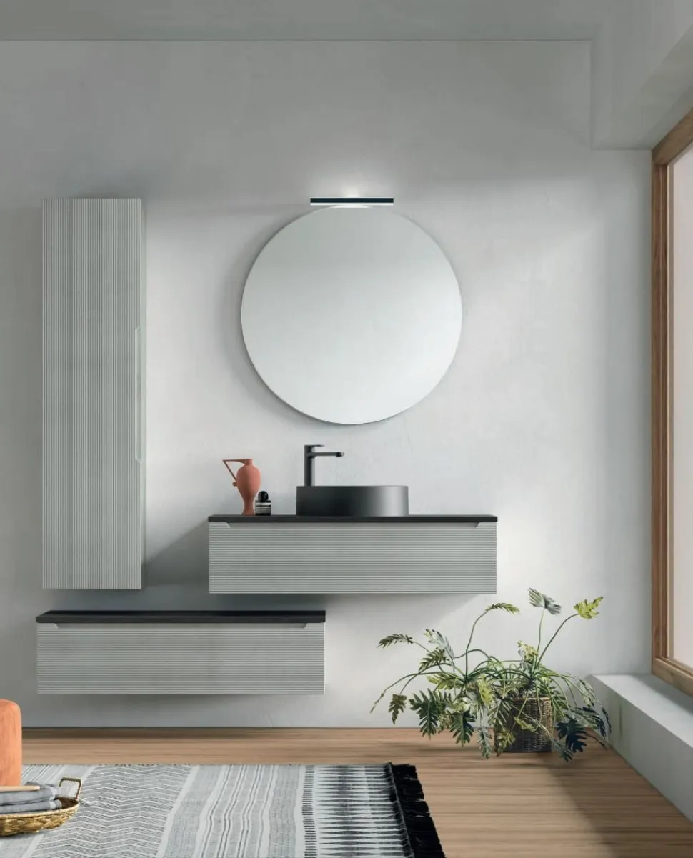 Mobile Bagno 2 cassetti sospesi con frontali rigati e presa maniglia integrata Rigo disponibile in 5 colori