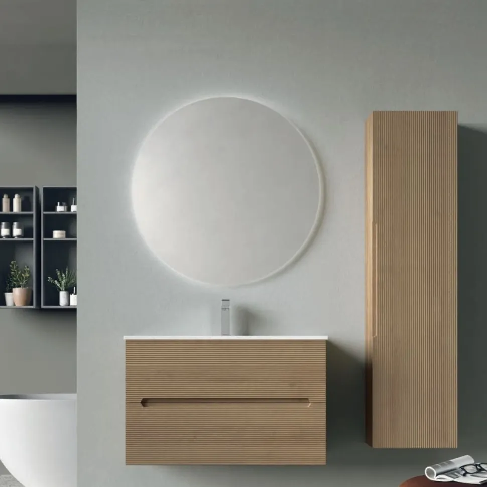 Mobile Bagno consolle 2 cassetti sospesi con presa maniglia integrata e frontali rigati Rigo disponibile in 5 colori