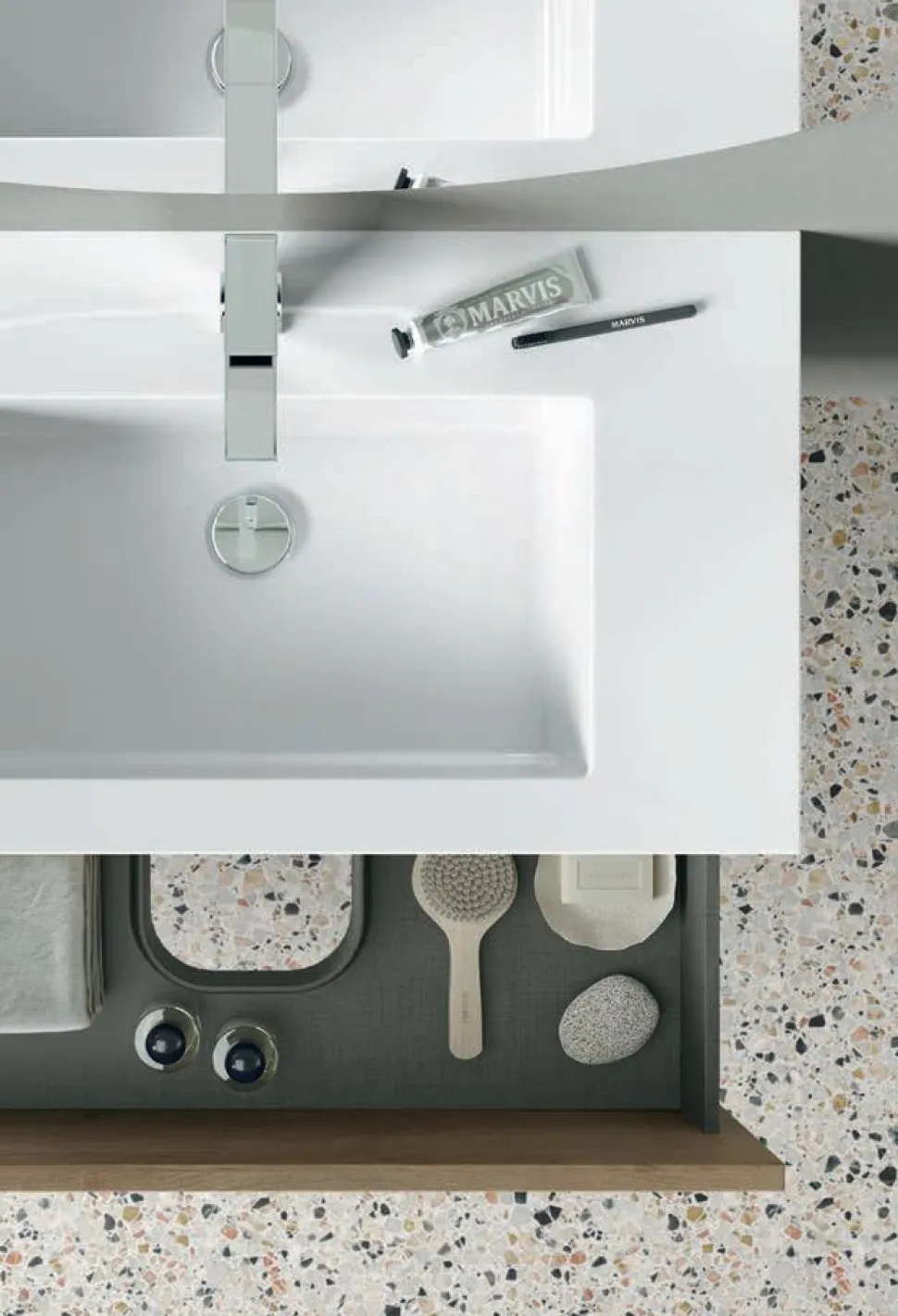 Mobile Bagno consolle 2 cassetti sospesi con presa maniglia integrata e frontali rigati Rigo disponibile in 5 colori