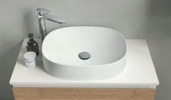 Mobile Bagno moderno sospeso 2 cassetti con presa maniglia a 45° e lavabo in appoggio Allegra disponibile in 4 colori