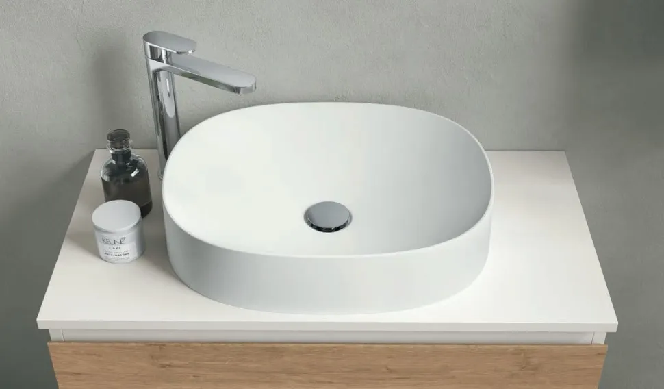 Mobile Bagno moderno sospeso 2 cassetti con presa maniglia a 45° e lavabo in appoggio Allegra disponibile in 4 colori