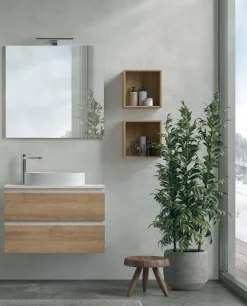 Mobile Bagno moderno sospeso 2 cassetti con presa maniglia a 45° e lavabo in appoggio Allegra disponibile in 4 colori