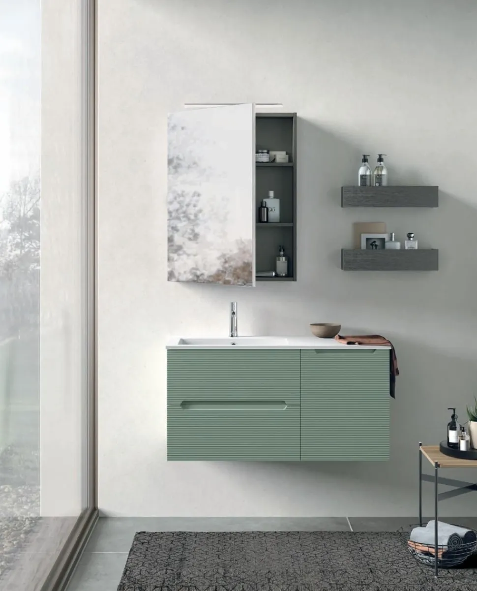 Mobile Bagno sospeso 1 anta e 2 cassetti con frontali rigati e presa maniglia integrata Rigo disponibile in 5 colori