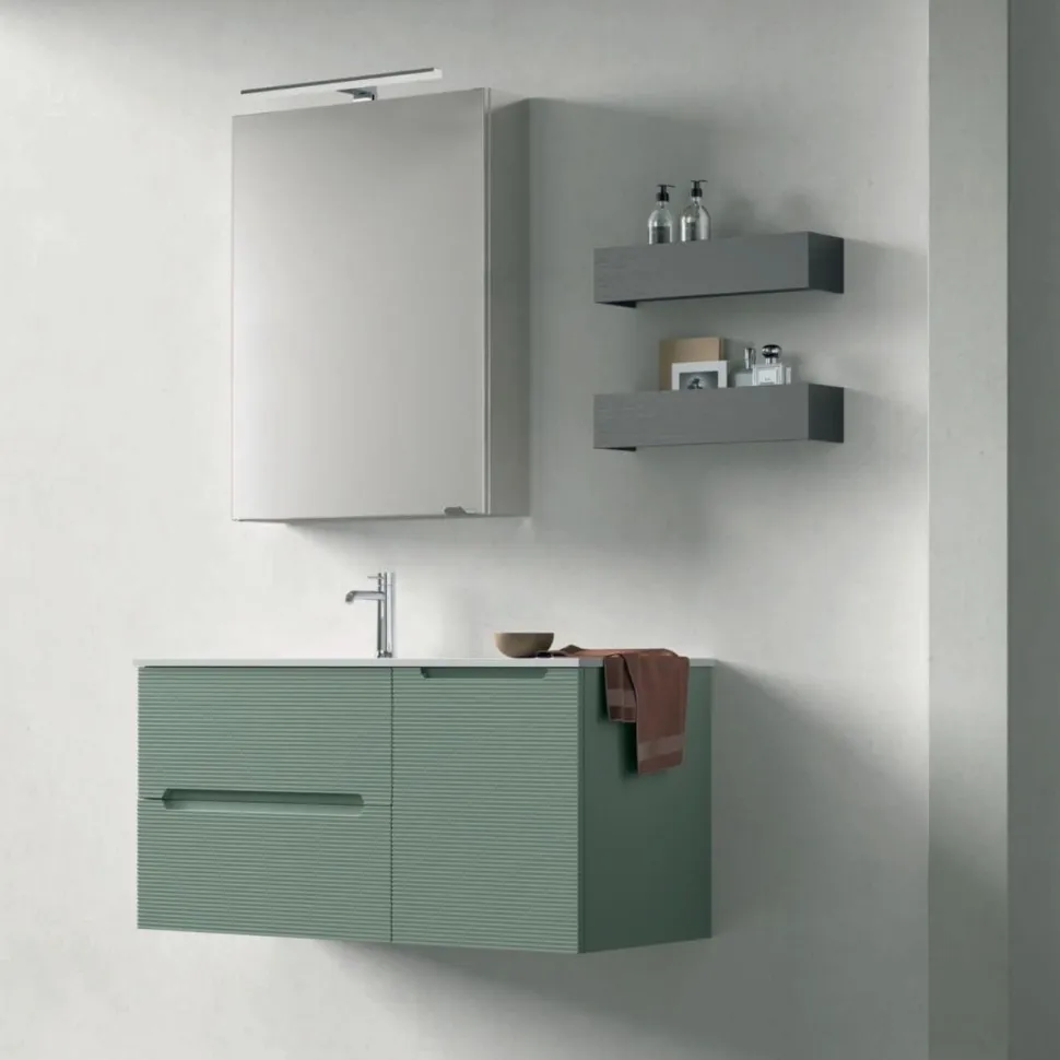 Mobile Bagno sospeso 1 anta e 2 cassetti con frontali rigati e presa maniglia integrata Rigo disponibile in 5 colori