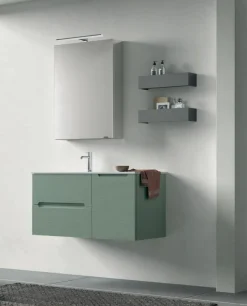Mobile Bagno sospeso 1 anta e 2 cassetti con frontali rigati e presa maniglia integrata Rigo disponibile in 5 colori