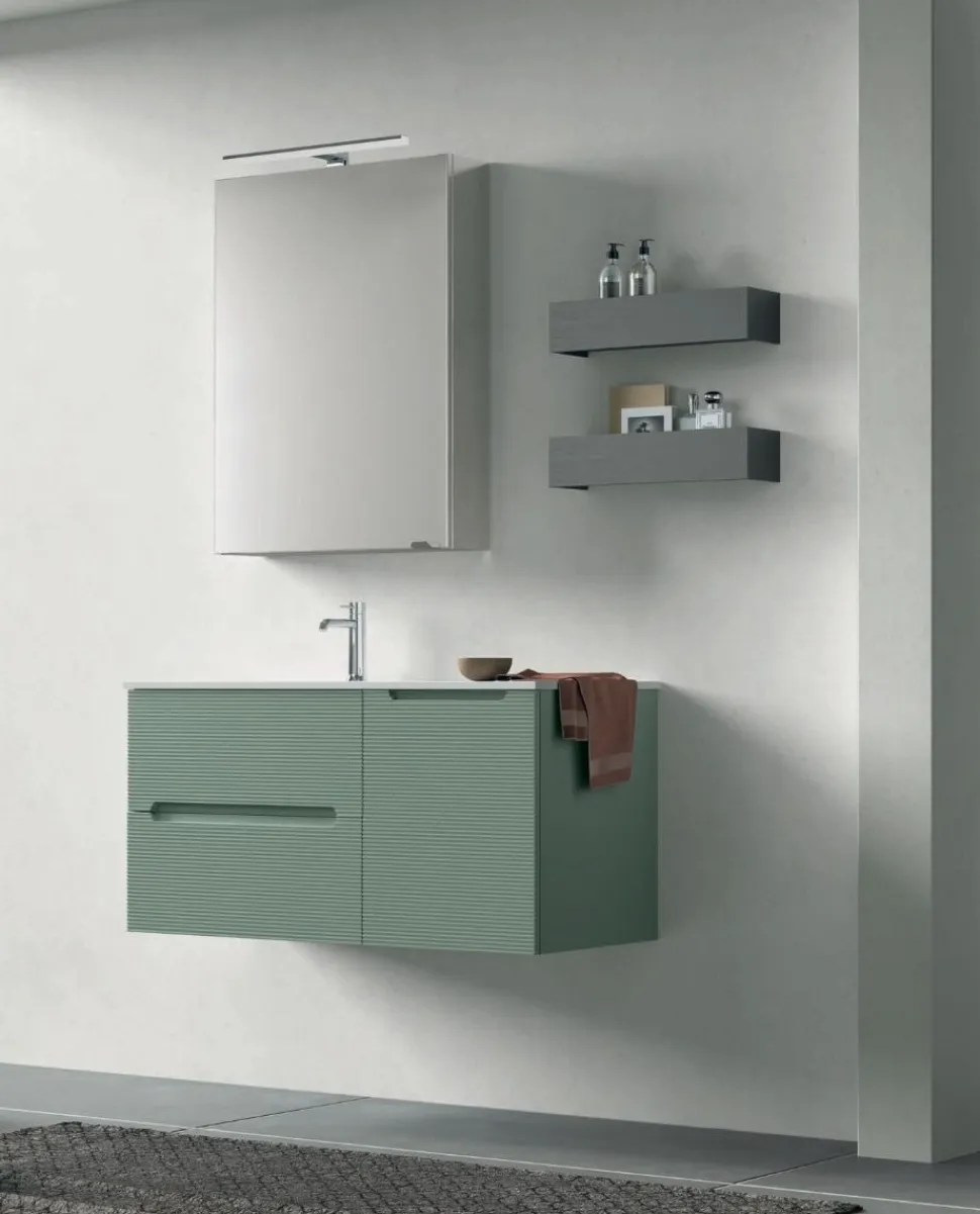 Mobile Bagno sospeso 1 anta e 2 cassetti con frontali rigati e presa maniglia integrata Rigo disponibile in 5 colori
