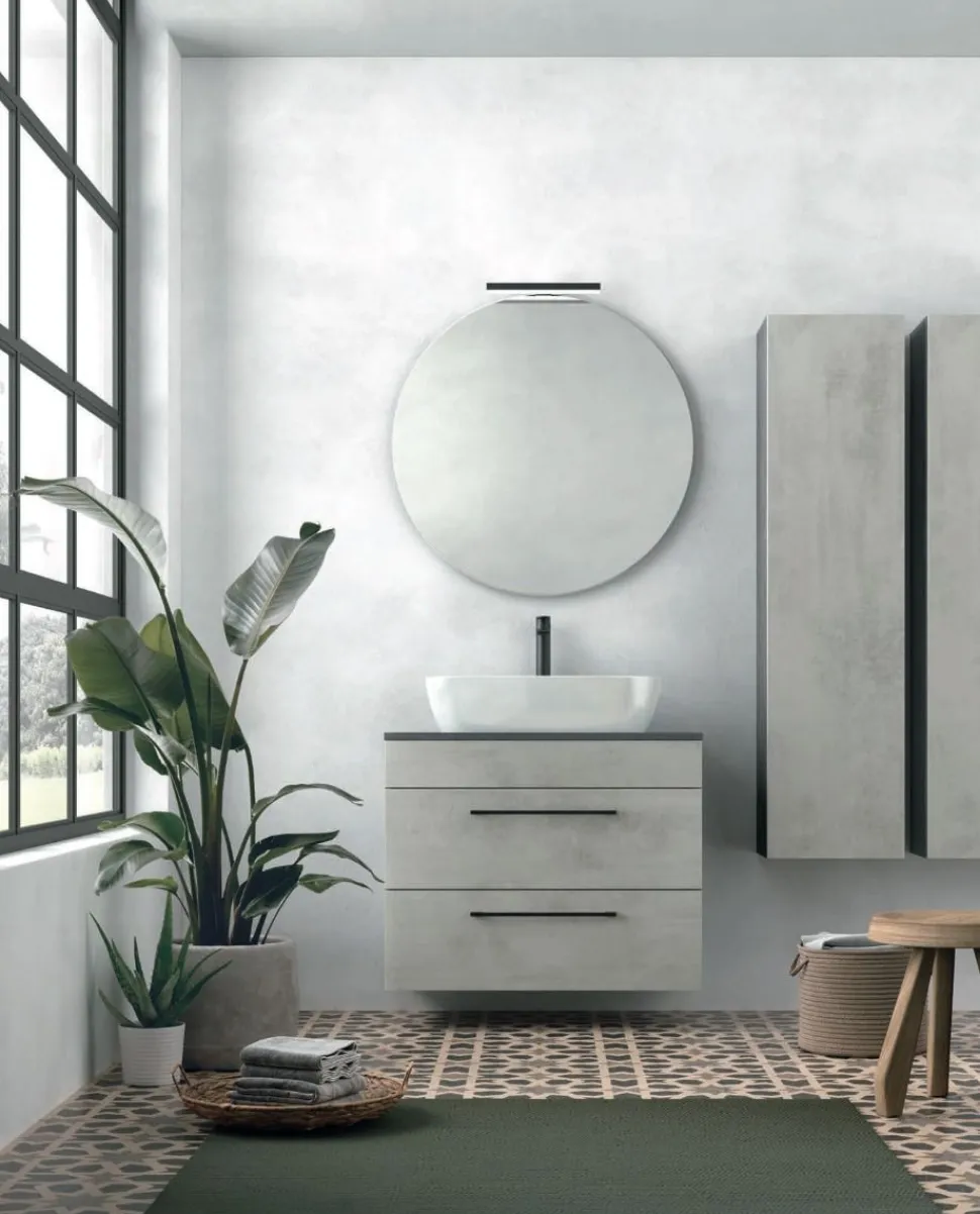 Mobile Bagno sospeso 2 casetti con lavabo in appoggio e maniglie in metallo verniciato Smart disponibile in 4 colori