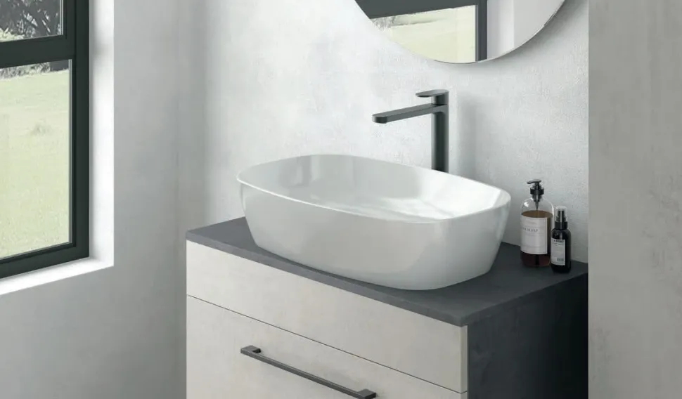 Mobile Bagno sospeso 2 casetti con lavabo in appoggio e maniglie in metallo verniciato Smart disponibile in 4 colori