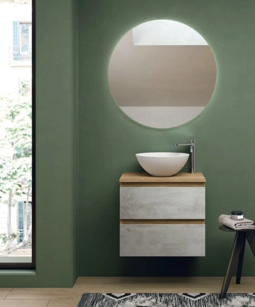 Mobile Bagno sospeso 2 cassetti con presa maniglia a 45° e lavabo in appoggio Allegra disponibile in 4 colori