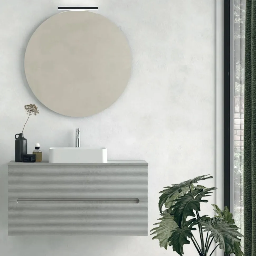 Mobile Bagno sospeso 2 cassetti con presa maniglia integrata e frontali rigati Rigo disponibile in 5 colori