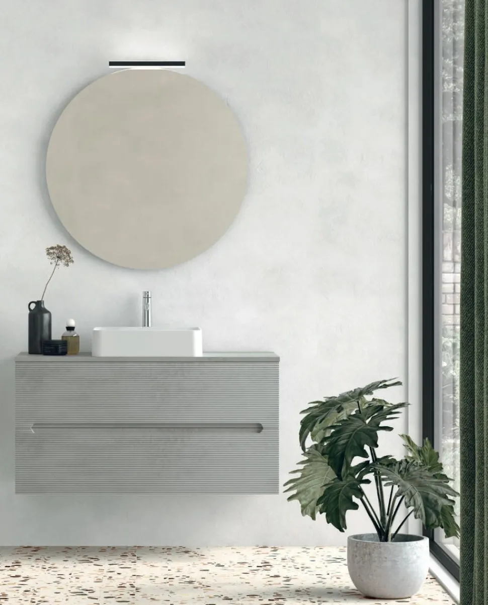 Mobile Bagno sospeso 2 cassetti con presa maniglia integrata e frontali rigati Rigo disponibile in 5 colori