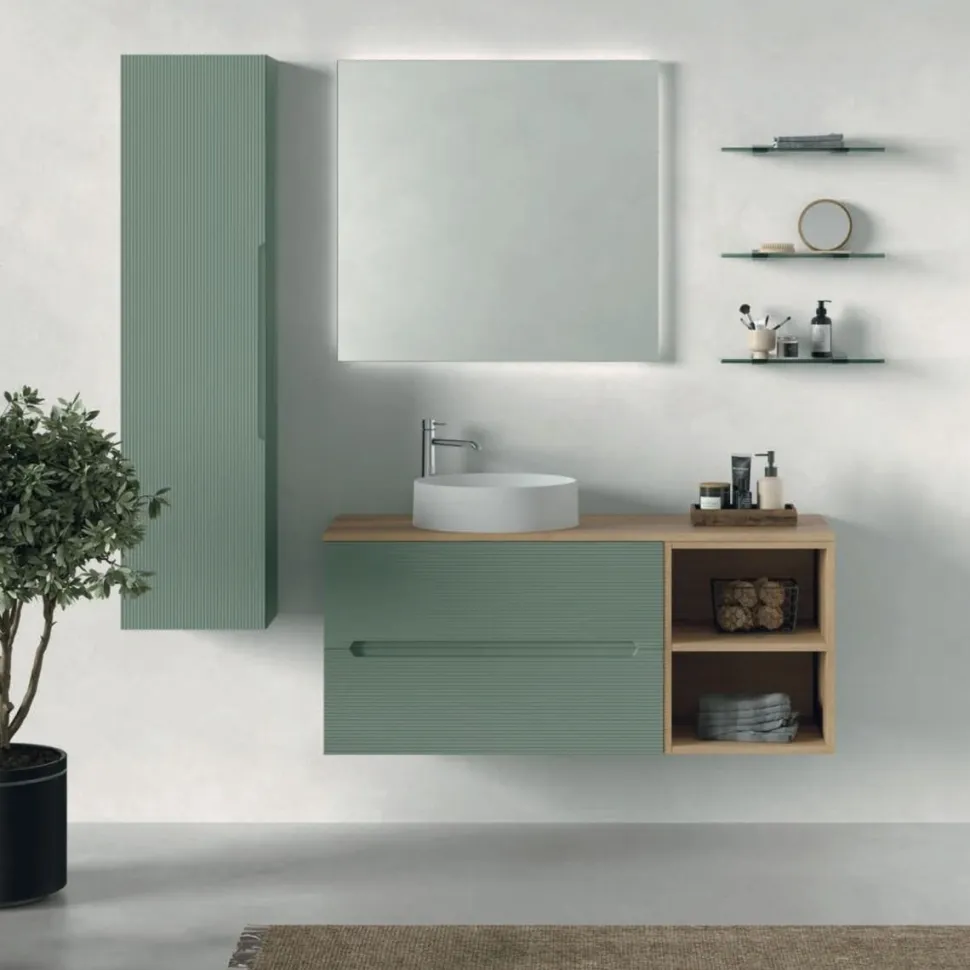 Mobile Bagno sospeso 2 cassetti e 2 vani a giorno con frontali rigati e presa maniglia integrata Rigo disponibile in 5 colori