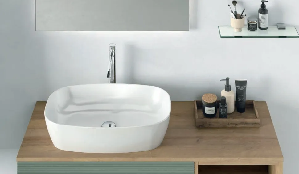 Mobile Bagno sospeso 2 cassetti e 2 vani a giorno con frontali rigati e presa maniglia integrata Rigo disponibile in 5 colori