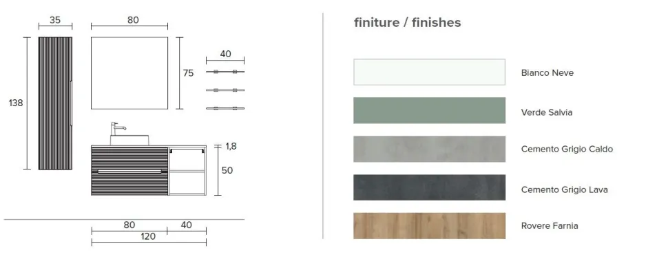 Mobile Bagno sospeso 2 cassetti e 2 vani a giorno con frontali rigati e presa maniglia integrata Rigo disponibile in 5 colori