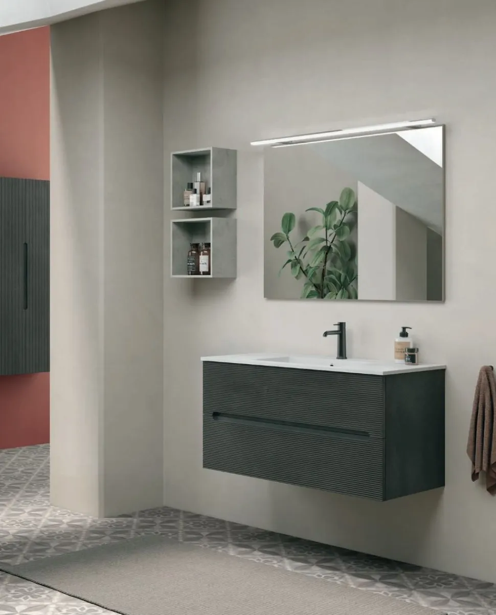Mobile Bagno sospeso 2 cassetti con frontali rigati e presa maniglia integrata Rigo disponibile in 5 colori