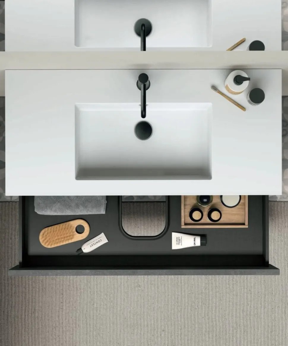 Mobile Bagno sospeso 2 cassetti con frontali rigati e presa maniglia integrata Rigo disponibile in 5 colori