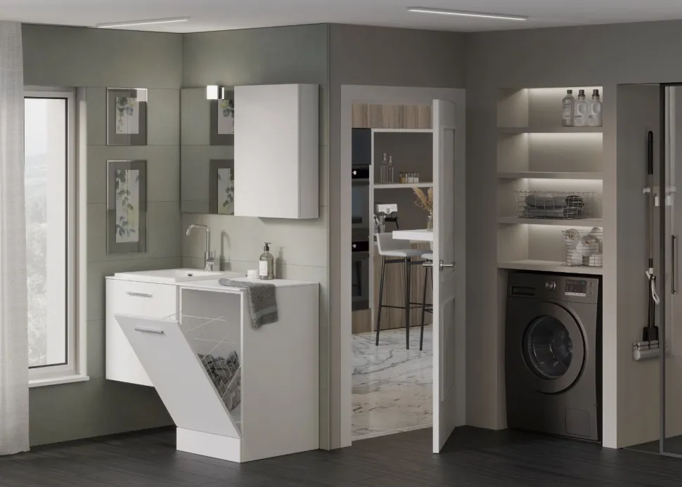 Mobile Bagno sospeso con 1 cassettone e cesto porta biancheria a ribalta disponibile in vari colori